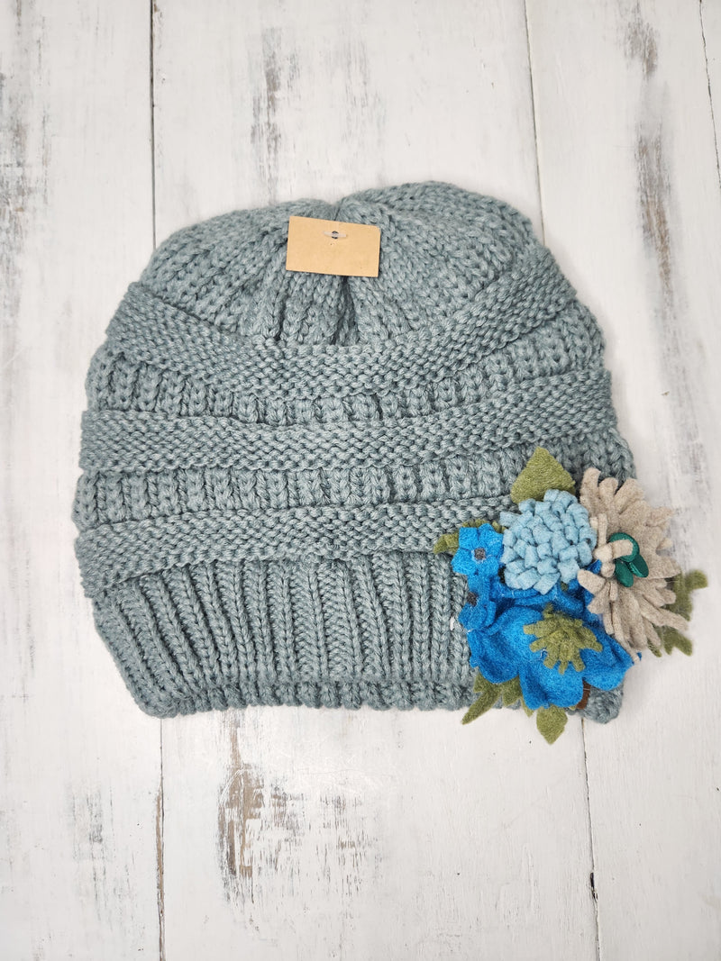 Grey Blue Beanie with Handmade Pin