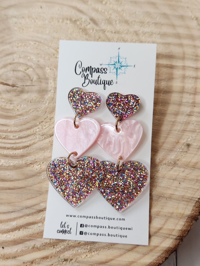 Sparkle Heart Earrings - Pink Multi