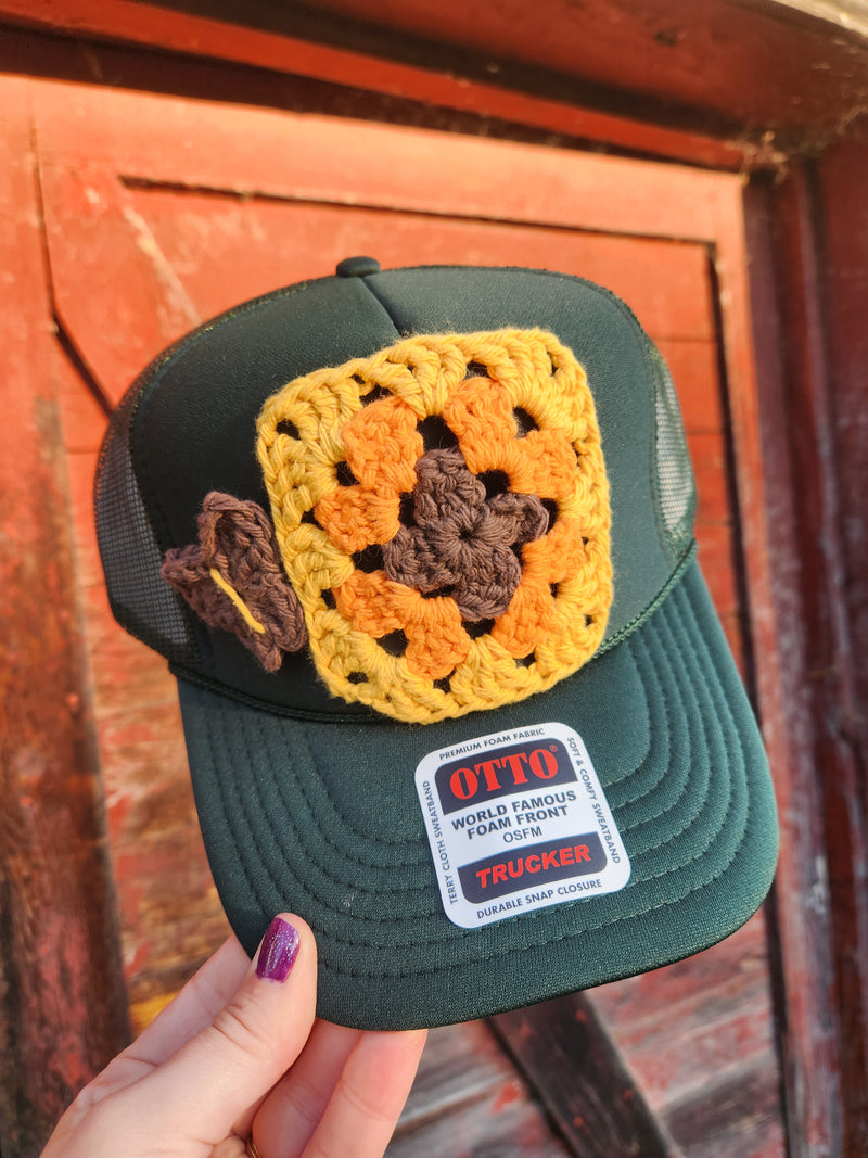 Crochet Granny Square + Butterfly Trucker Hat - Yellow + Brown | Green Hat