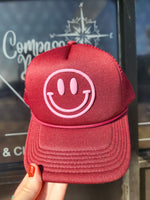 Smile Face | Foam Trucker Hat | Bubble Letters - Maroon & Pink