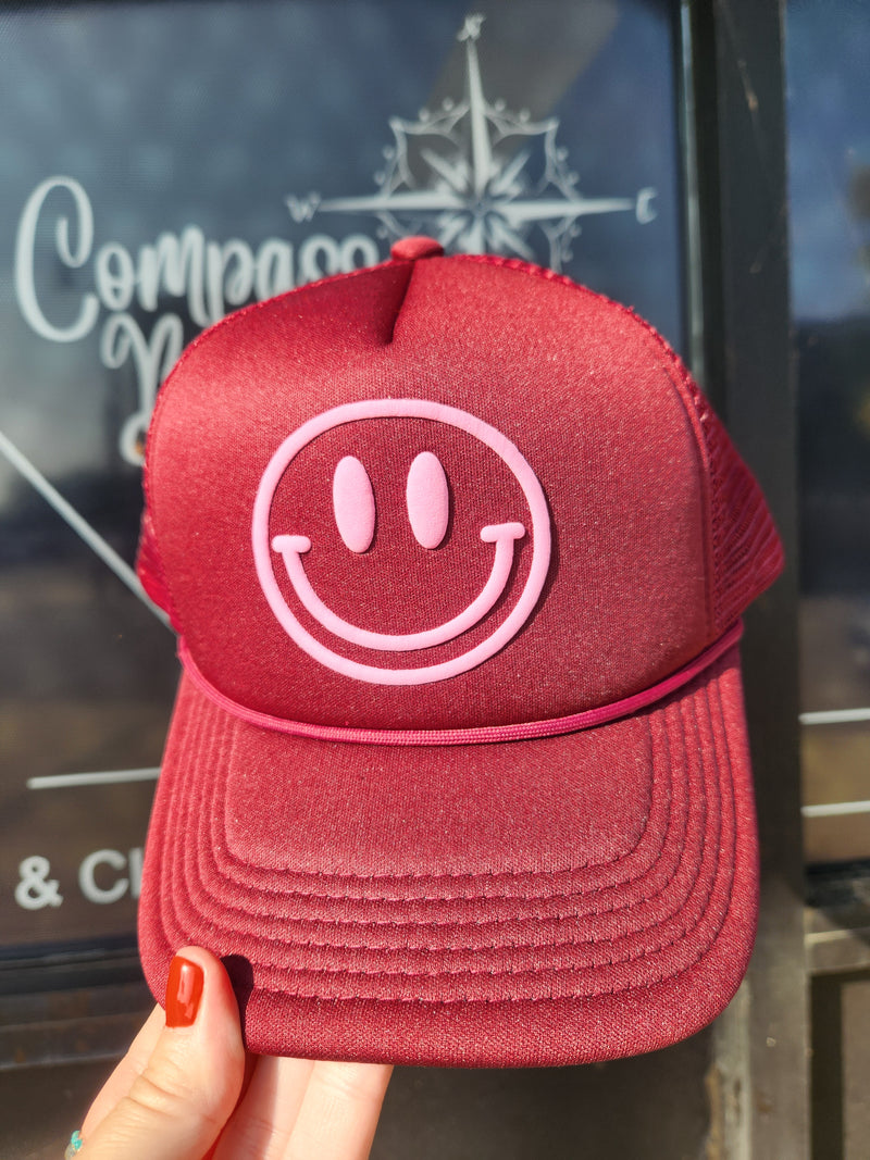 Smile Face | Foam Trucker Hat | Bubble Letters - Maroon & Pink