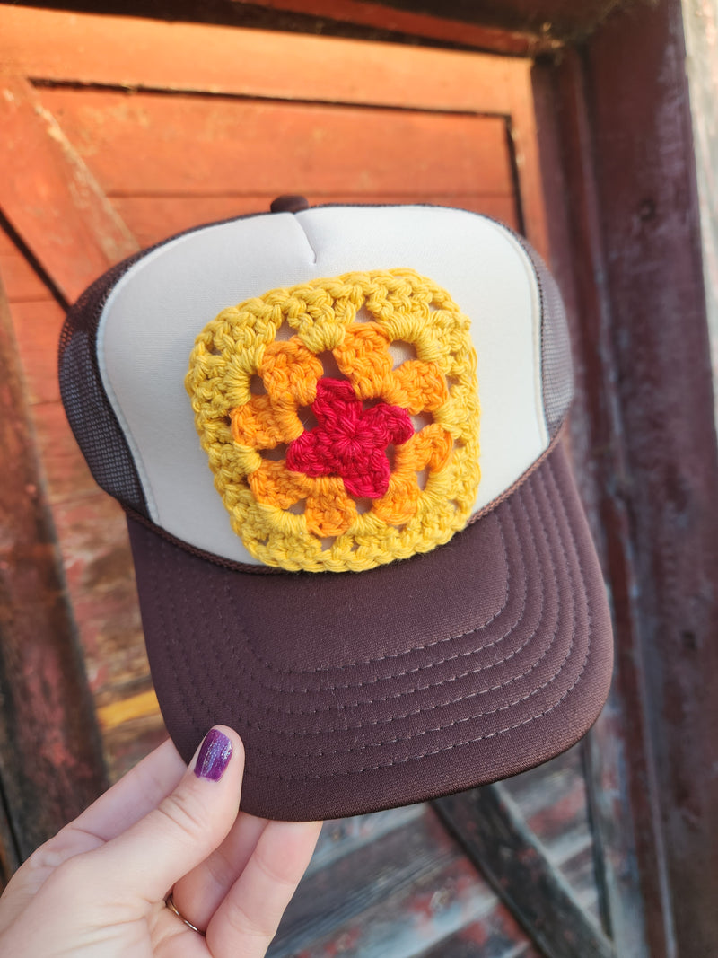 Crochet Granny Square Trucker Hat - Yellow | Brown Hat