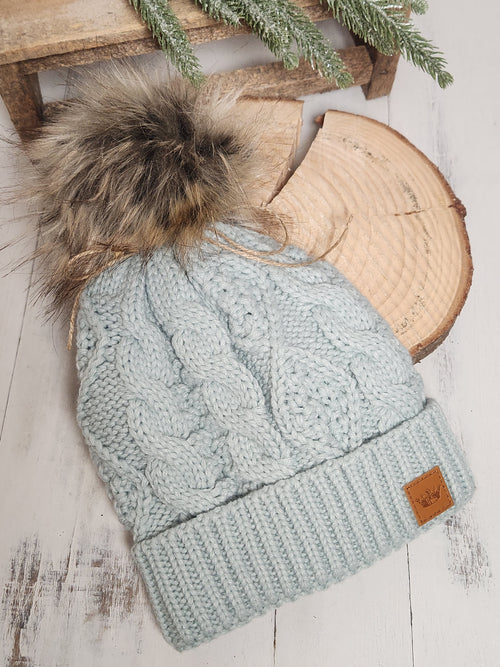 The Chalet Cable Knit Pom Beanie Hat - Ice Blue
