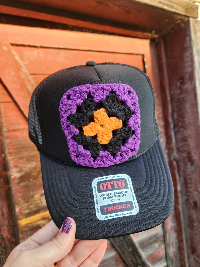 Crochet Granny Square Trucker Hat - Purple | Black Hat
