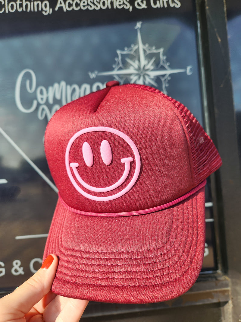 Smile Face | Foam Trucker Hat | Bubble Letters - Maroon & Pink