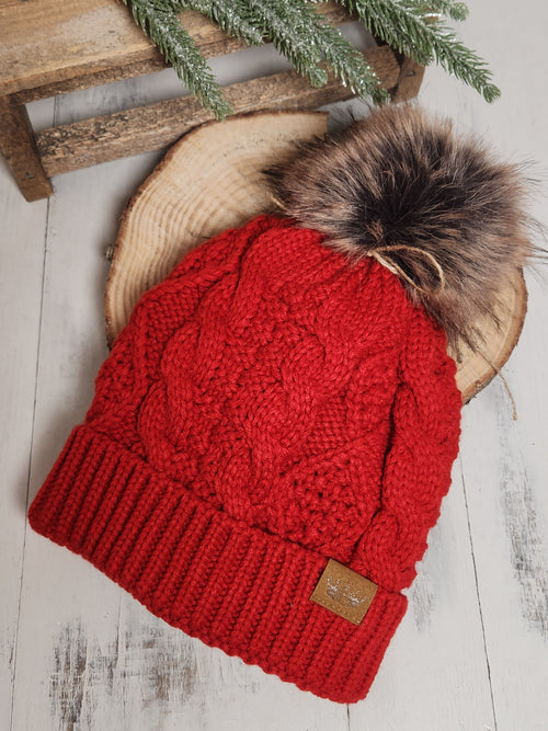 The Chalet Cable Knit Pom Beanie Hat - Red