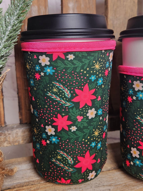 Cup Sleeve - Green Poinsettia Print