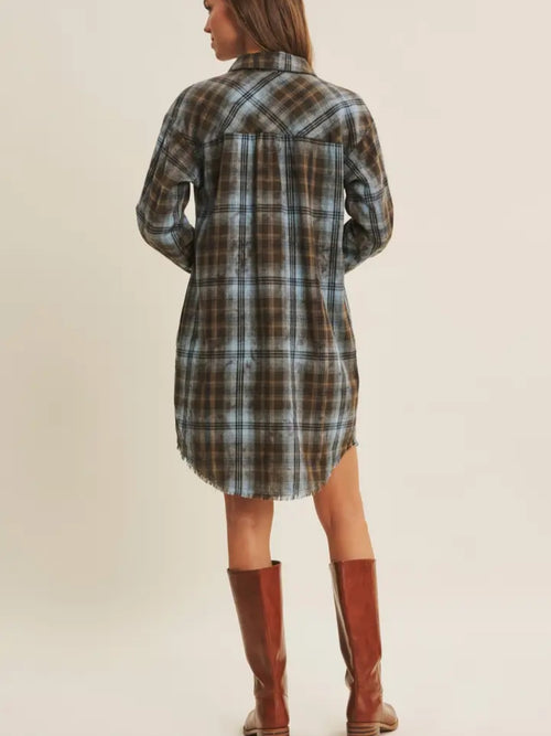 Mineral Washed Plaid Dress with Freyed Hem
