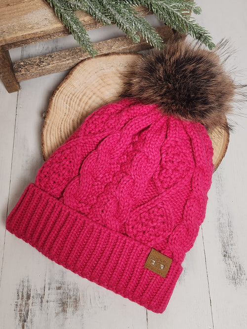 The Chalet Cable Knit Pom Beanie Hat - Pink