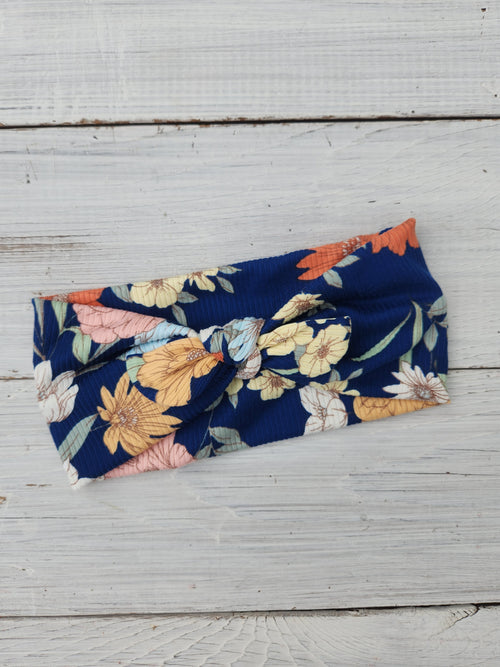 Headhug - Navy Floral Ribbed Faux Bow