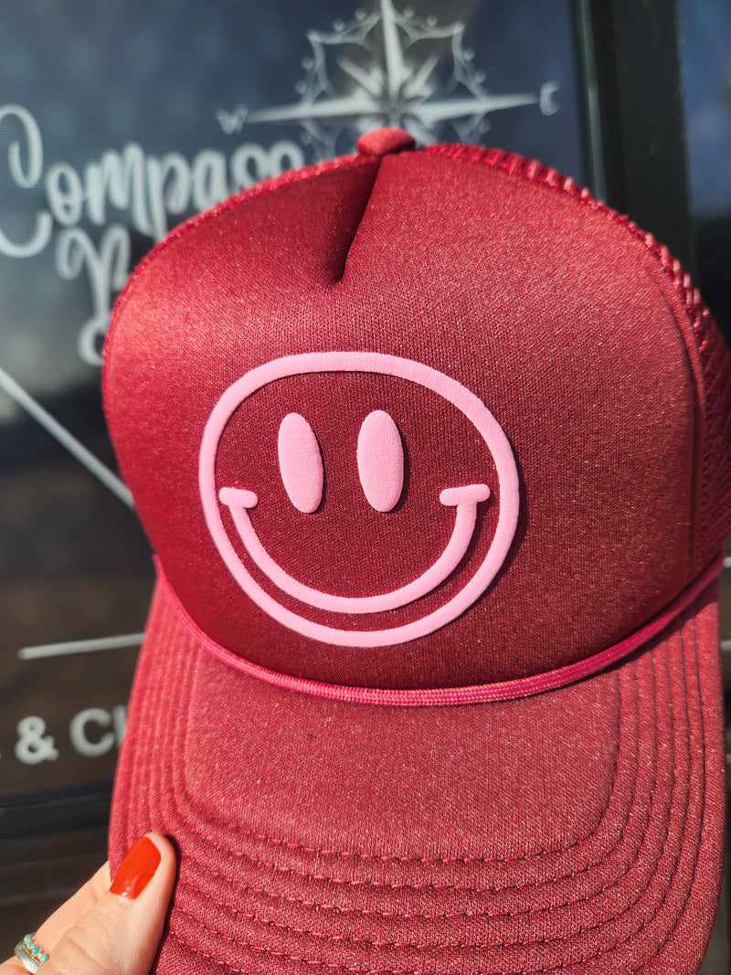 Smile Face | Foam Trucker Hat | Bubble Letters - Maroon & Pink