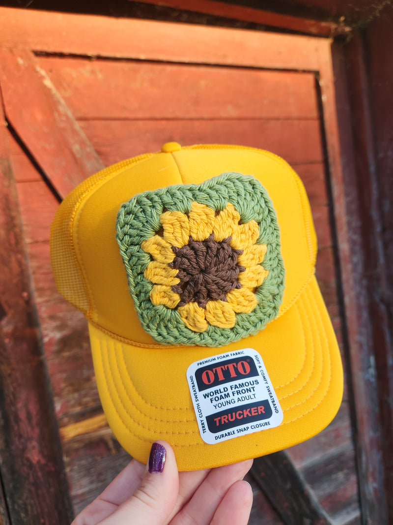 Crochet Sunflower Square Trucker Hat - Sunflower | Yellow Hat
