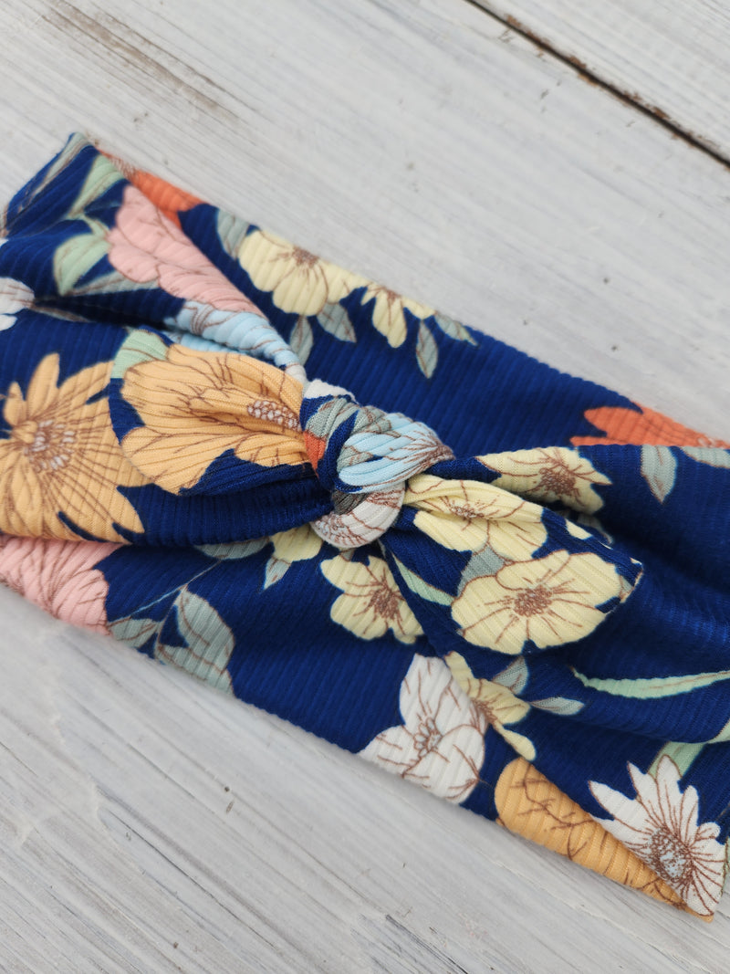 Headhug - Navy Floral Ribbed Faux Bow