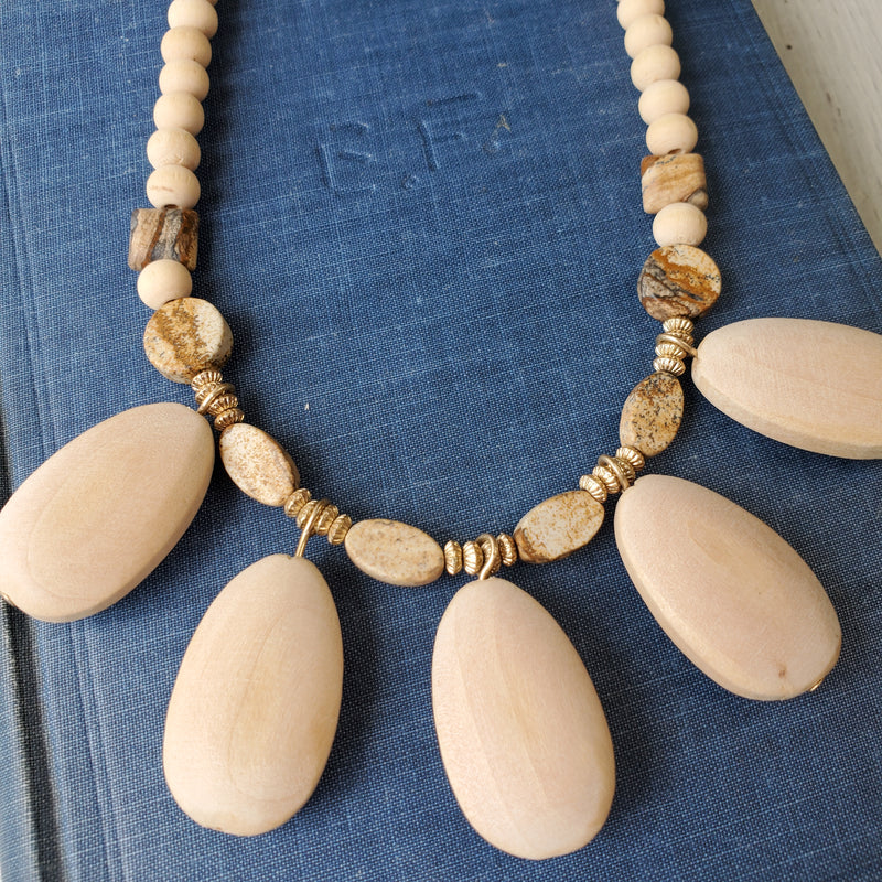 Natural Wooden and Stone Bead Necklace