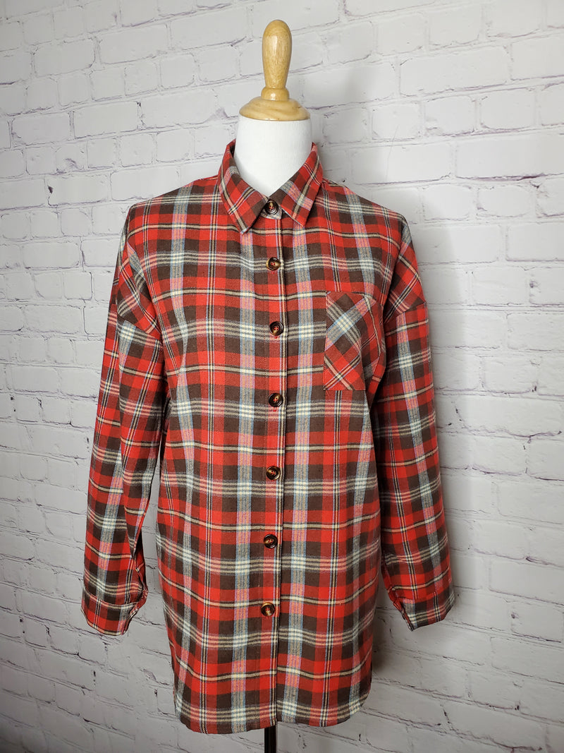Hoonah Red & Light Blue Plaid Button Up Flannel