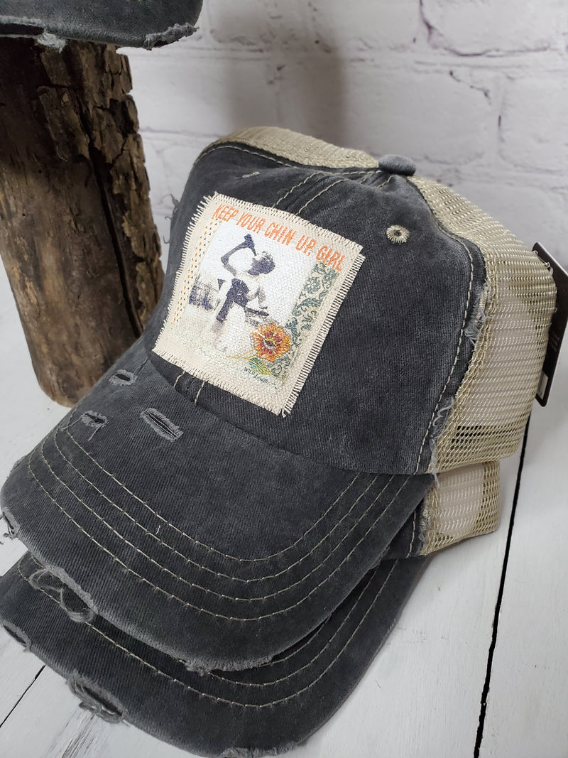 "Keep Your Chin Up, Girl" Distressed Trucker Hat