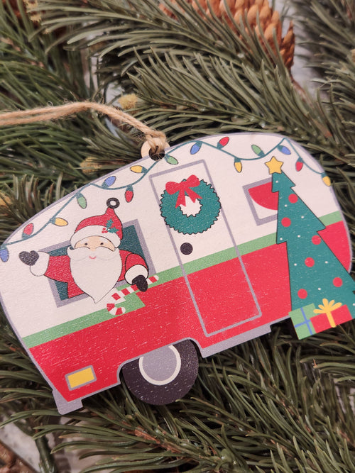 Santa Camper Wood Ornament