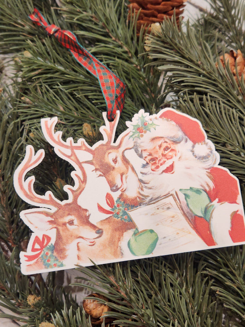 Vintage Santa & Reindeer Wood Ornament
