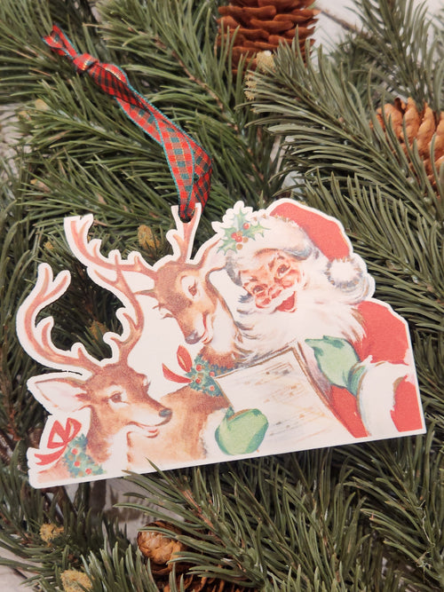 Vintage Santa & Reindeer Wood Ornament