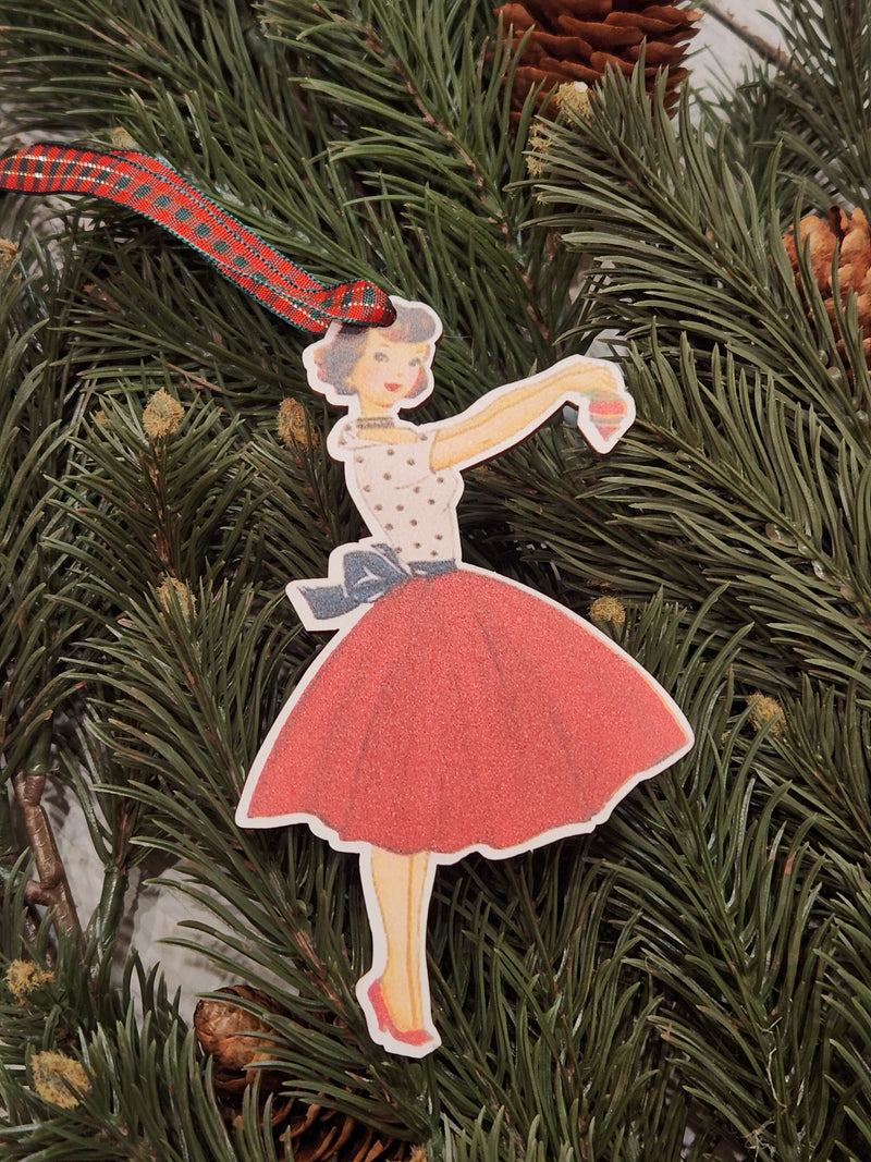 Vintage Lady Hanging an Ornament Wood Ornament