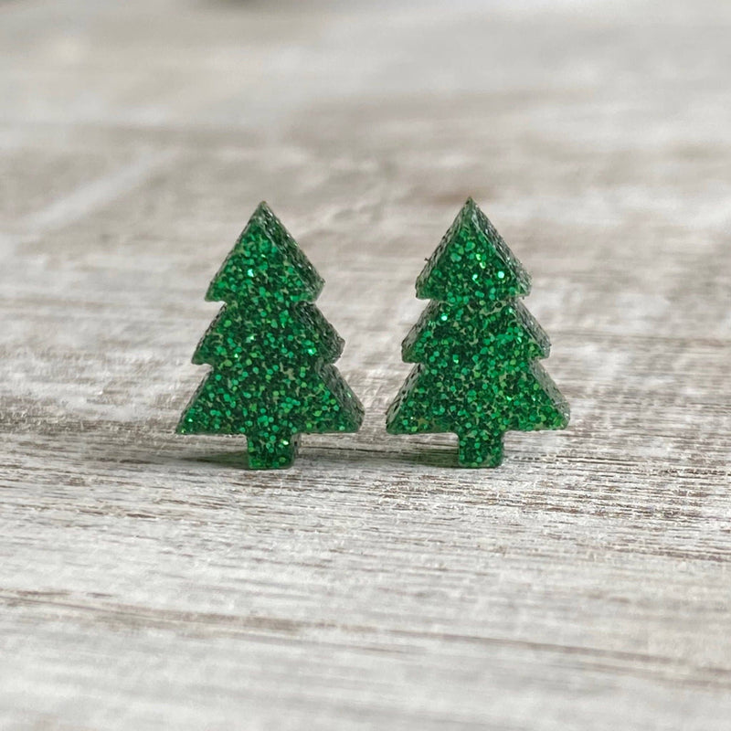 Glitter Tree Wood Stud Earring