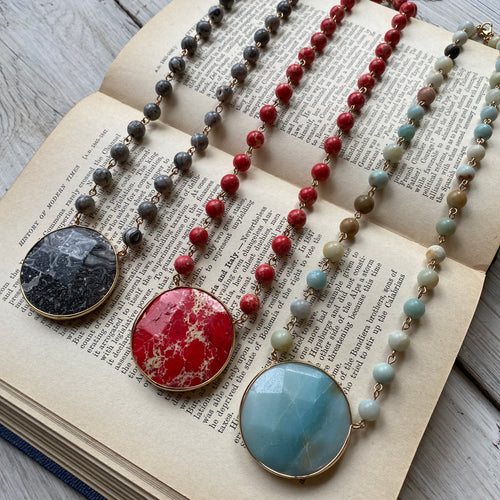 Stone Medallion & Bead Necklace - 3 Colors