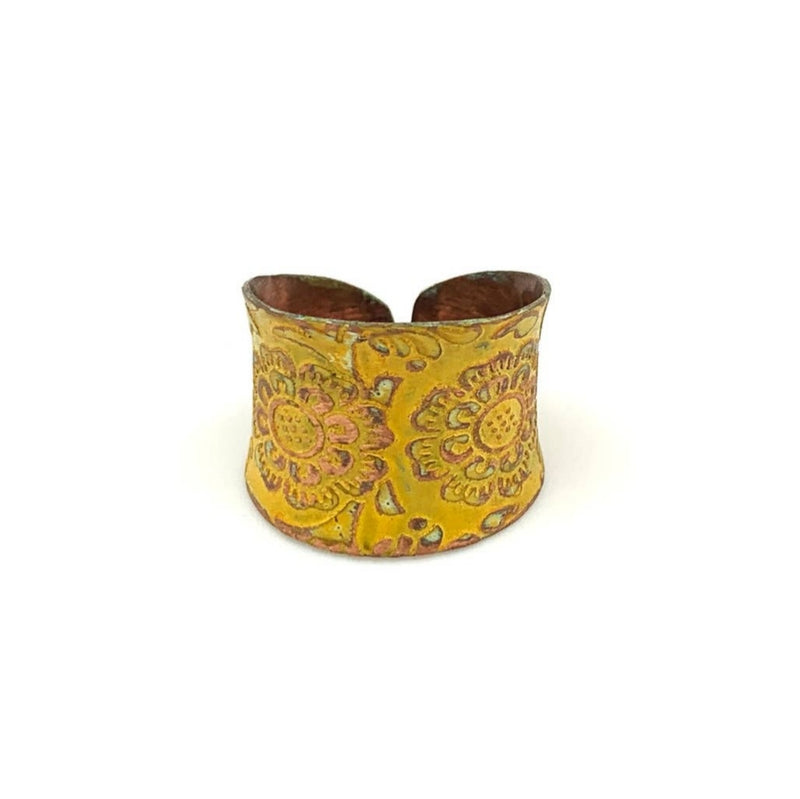 Copper Patina Adjustable Ring - Yellow Floral